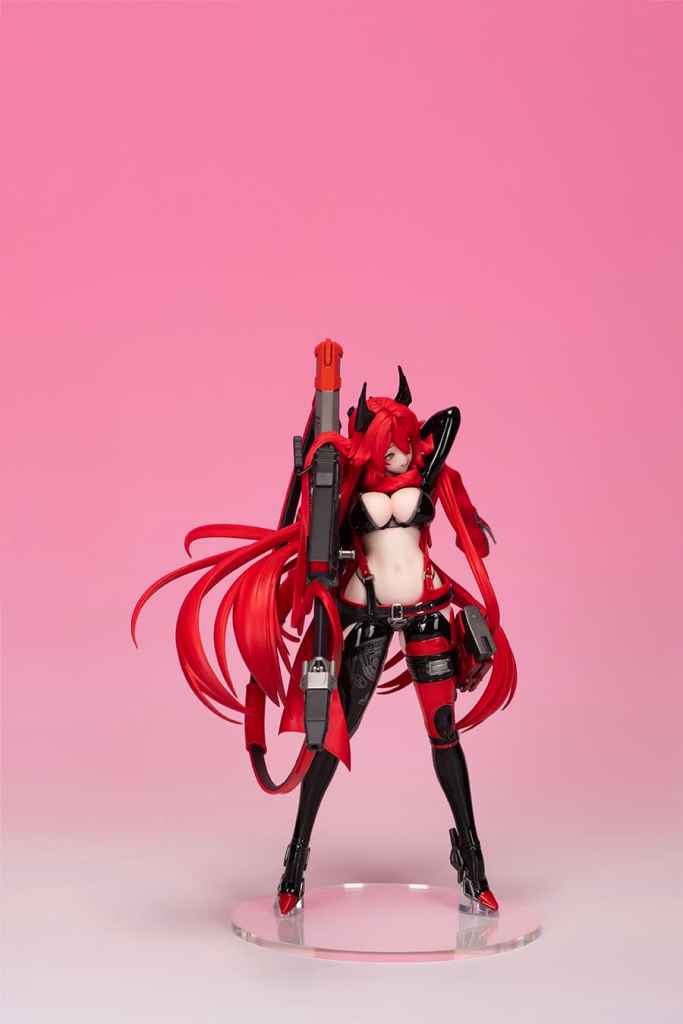 A figure of a character with red hair and a red outfit, holding a weapon, set against a pink background.
