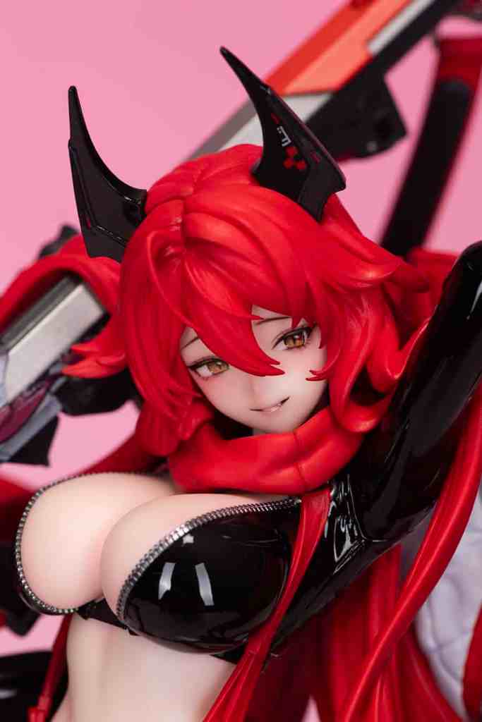 A close-up of a figure featuring a female character with red hair and horns, wearing a black outfit and red scarf, against a pink background.
