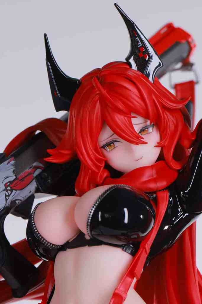 A highly detailed figurine of a character with long red hair and horns, dressed in a revealing black outfit and red scarf, holding futuristic weapons.