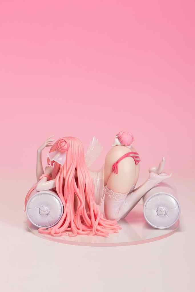 A pink-haired figure with long flowing hair and wings, posing playfully on a pink background, showcasing detailed features and various accessories.