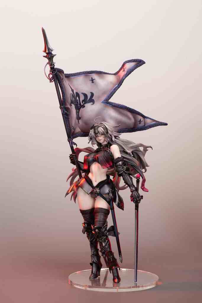 A detailed figure of a female character holding a flag and a staff, dressed in a black and red outfit with intricate designs, set against a soft gradient background.
