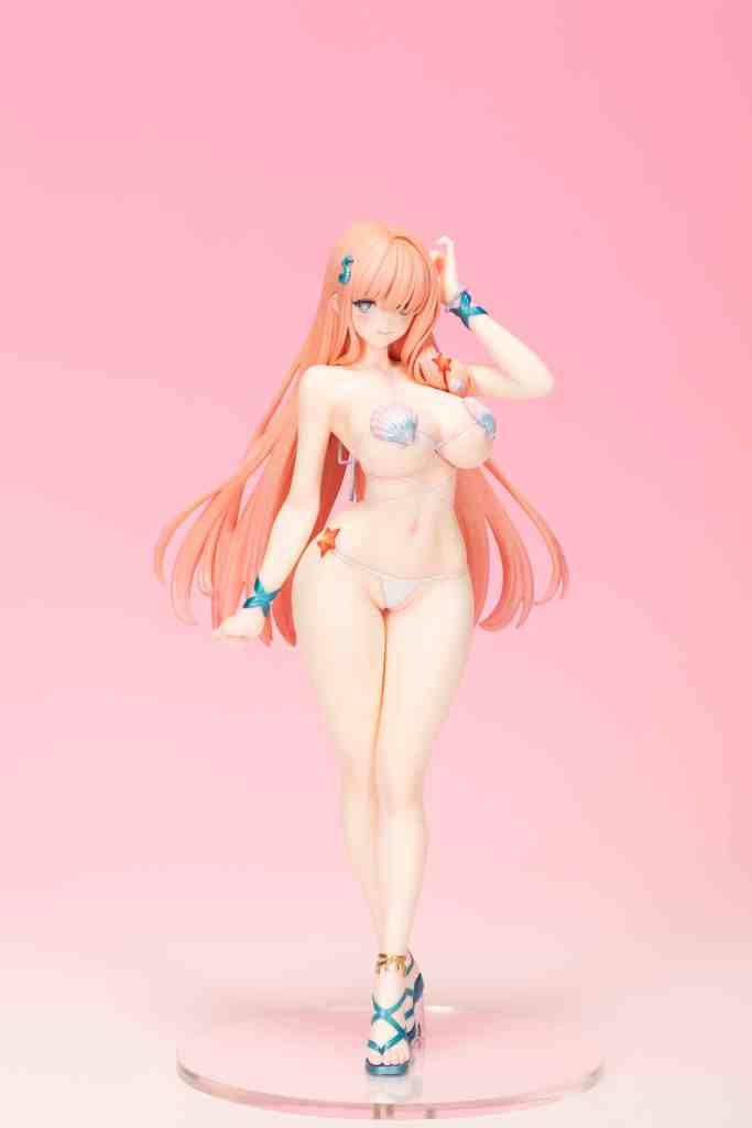 A stylized figure of a woman with long pink hair, wearing a bikini decorated with shell motifs and starfish, standing on a clear base against a pink background.