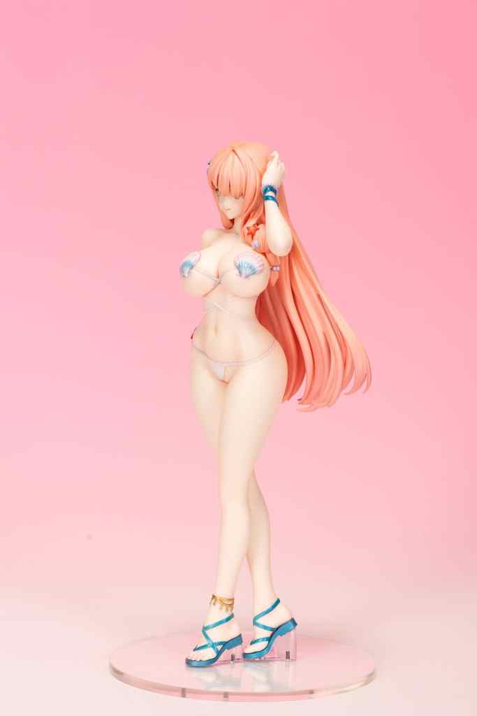 A figurine of a woman with long pink hair, wearing a minimal bikini with seashell accents and blue sandals, set against a pink background.