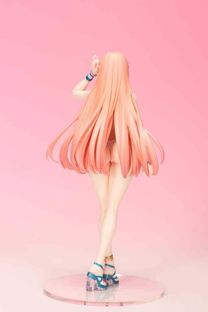 A figure of a young woman with long pink hair, viewed from the back. She is wearing a swimsuit and high-heeled sandals, standing against a soft pink background.