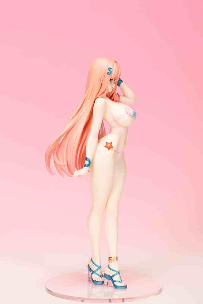 A side view of a figurine with long pink hair, wearing a bikini with star and seashell accents, posed against a soft pink background.