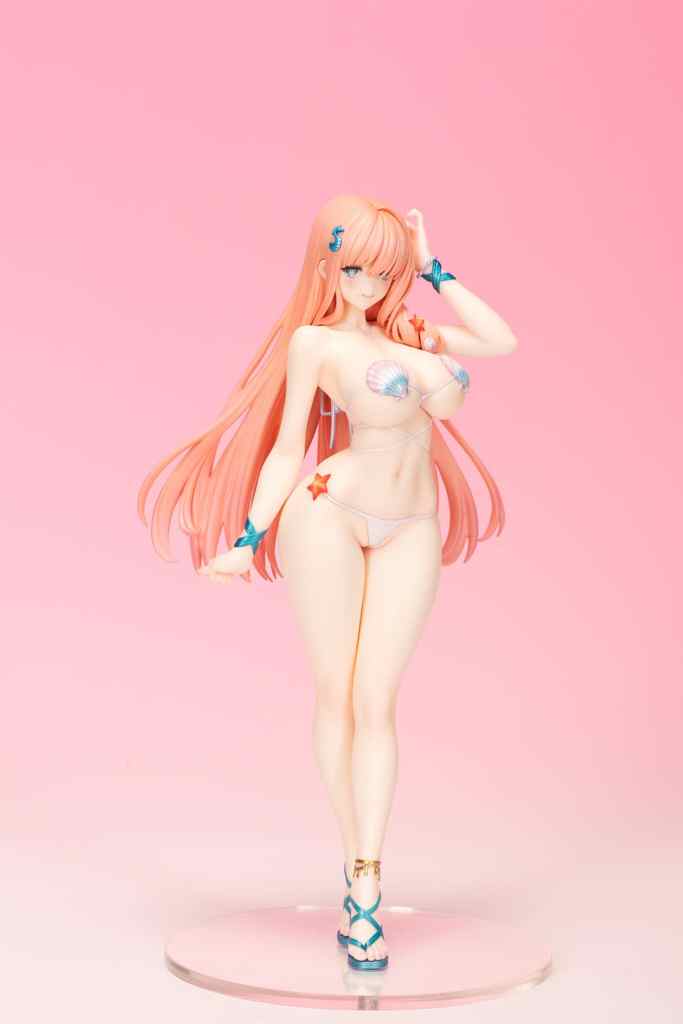 A figurine of a character with long pink hair, wearing a shell-themed bikini, standing on a clear base with a pink background.