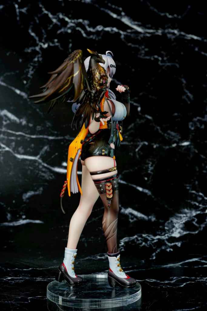 A detailed figurine of a character with distinctive features, wearing a stylish outfit with intricate accessories and unique footwear, set against a dark marble background.