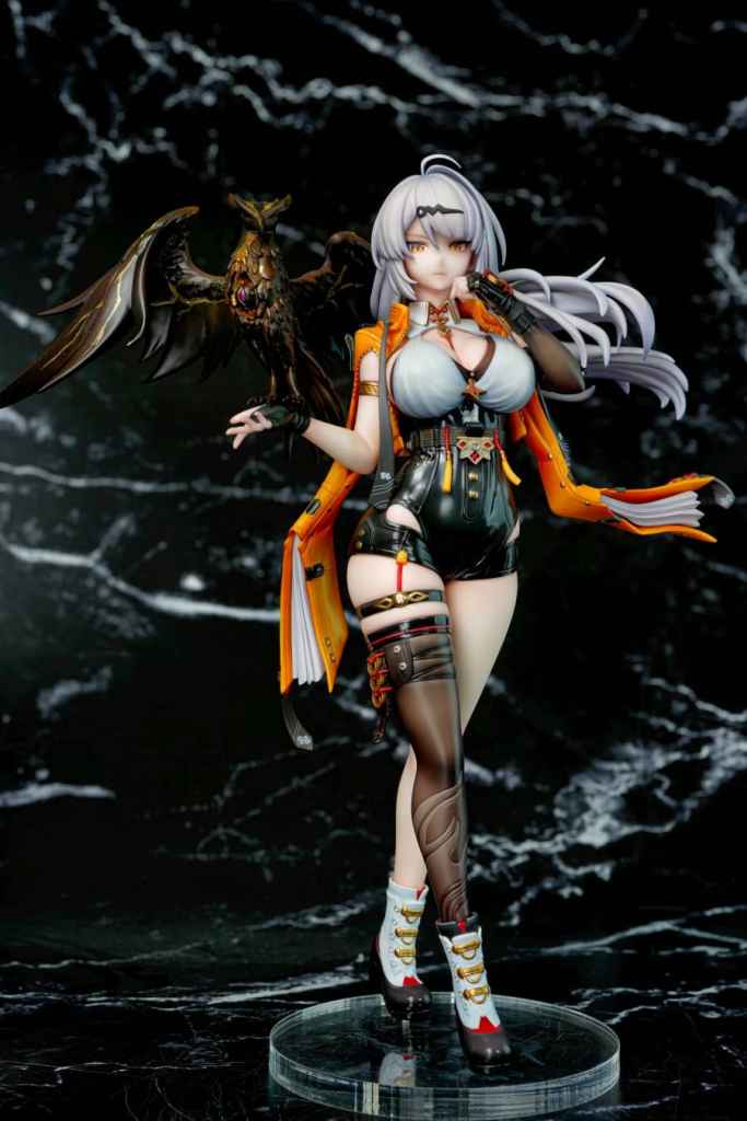 A detailed figurine of a female character with long silver hair, wearing a stylish outfit with orange accents, black shorts, and thigh-high stockings. She stands on a clear base alongside a small black winged creature perched on her shoulder, set against a dark, marbled background.