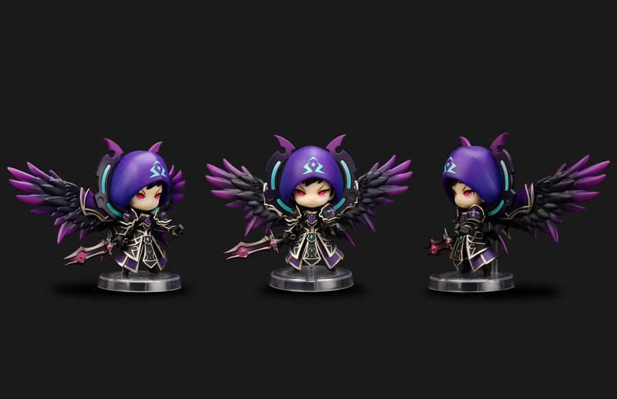 A three-dimensional model of a character with a purple hood and black wings, dressed in dark armor, displayed from multiple angles against a black background.