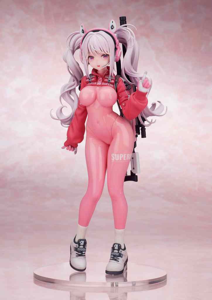 A stylized figure of a character with long pink hair and pigtails, wearing a pink bodysuit and hoodie with headphones. The character is holding a hand gesture and has a backpack with equipment.