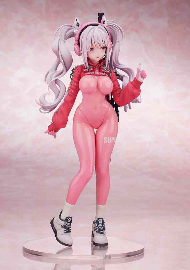 A figurine of a female character with long pink hair, depicted wearing a skin-tight pink outfit and headphones, standing on a circular base.