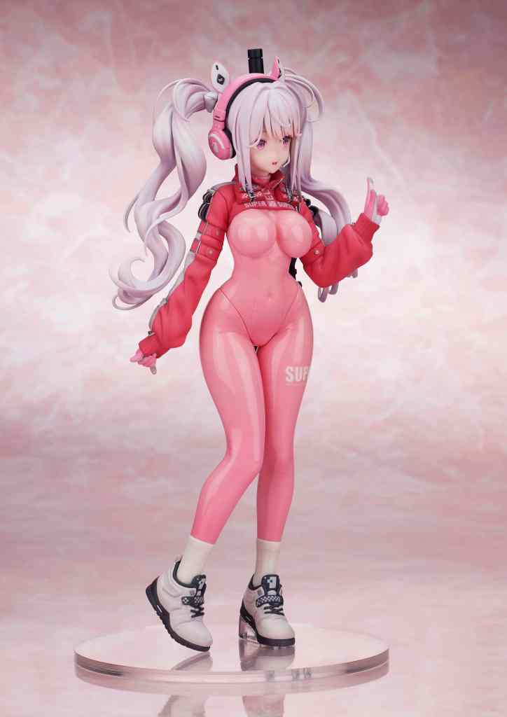 A pink-themed collectible figure of a female character with long hair and headphones, wearing a form-fitting outfit and sneakers, posed on a clear base against a soft pink background.
