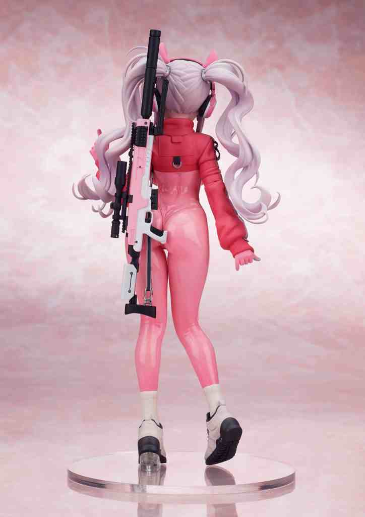 A back view of a stylized anime figure with long light pink hair, wearing a pink outfit and holding a black and white rifle, set against a soft pink background.