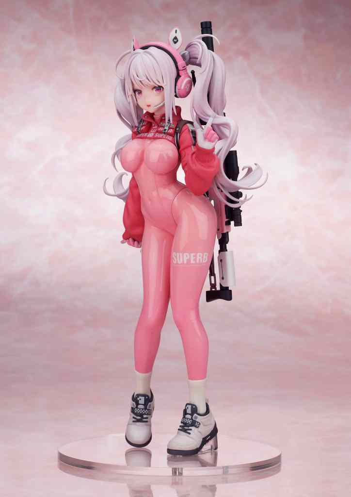 A stylized figure of a character in a pink bodysuit, wearing headphones and holding a gun, set against a soft pink background.
