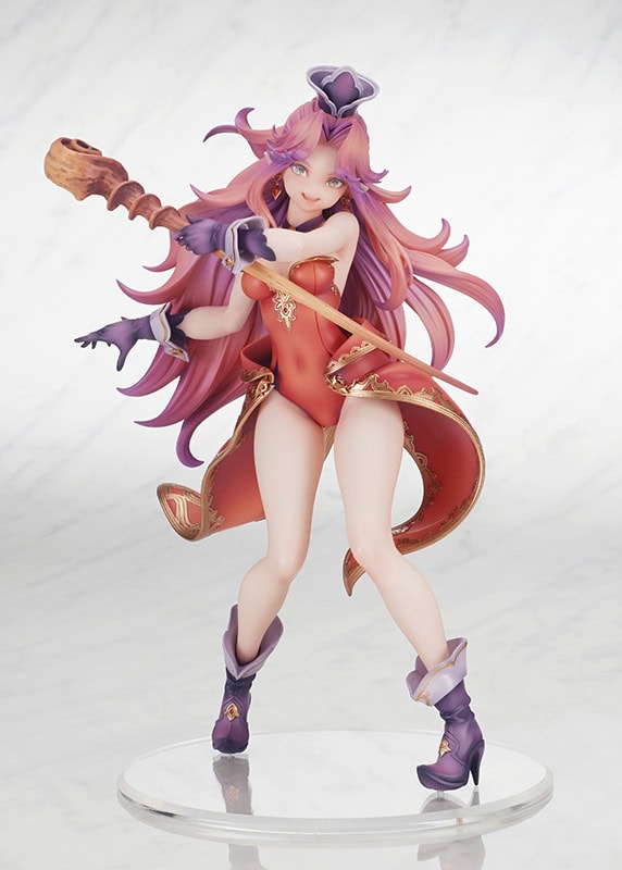A detailed figurine of a female character with long pink hair, wearing a red outfit with gold accents, holding a staff in one hand and posing confidently.