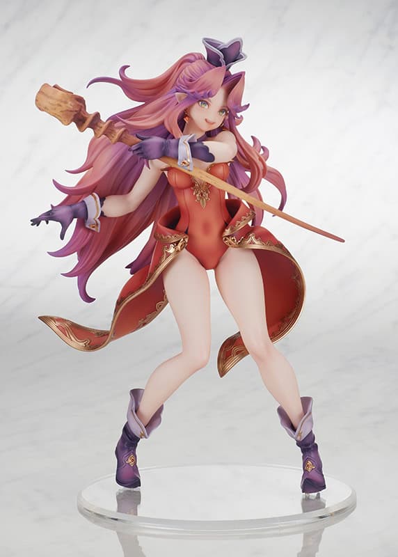 A vibrant figurine of a female character with long pink hair, wearing a red outfit and purple accents, holding a staff, posed dynamically on a clear circular base.