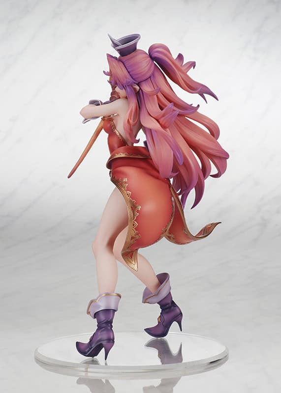 A colorful figurine of a female character with long pink hair, wearing a red outfit and purple boots, posed with a flute on a clear base.
