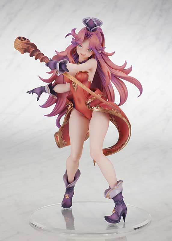 A detailed figurine of a character with long pink hair, wearing a red outfit and purple boots, holding a staff, posed on a clear base with a marble background.
