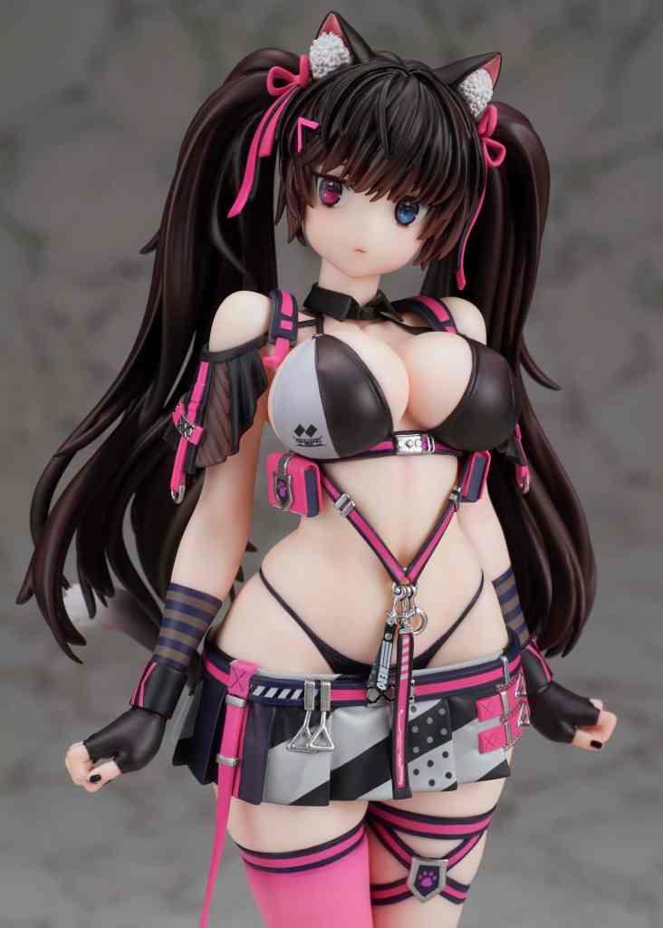 A detailed figurine of a character with long black hair wearing a stylish and revealing outfit featuring black and pink colors, knee-high stockings, and accessories like cat ears and gloves.