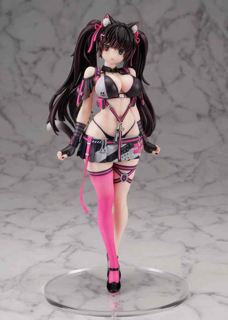 A stylized anime figure of a girl with long black hair, cat ears, and blue eyes, dressed in a revealing outfit featuring pink and gray colors, standing on a clear base against a marbled background.