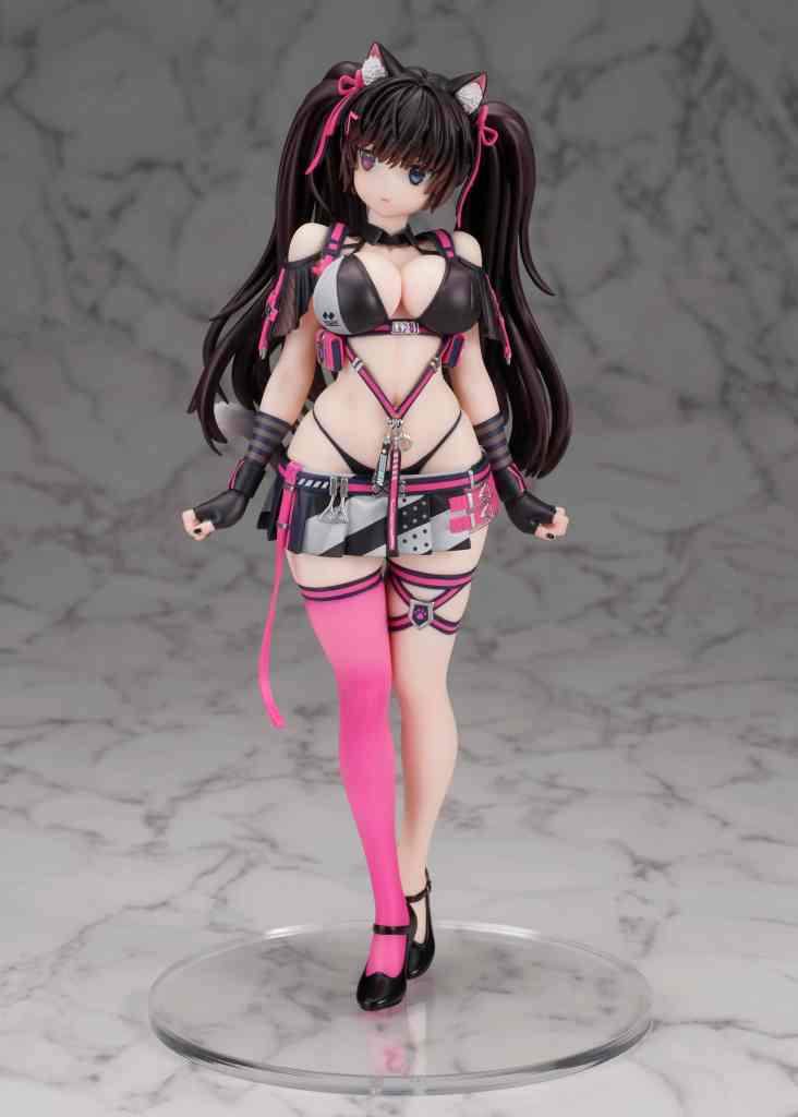 A detailed collectible figure of a character with long black hair styled in twin tails, wearing a revealing outfit featuring straps and a mix of colors, including black and pink, posed on a clear base.
