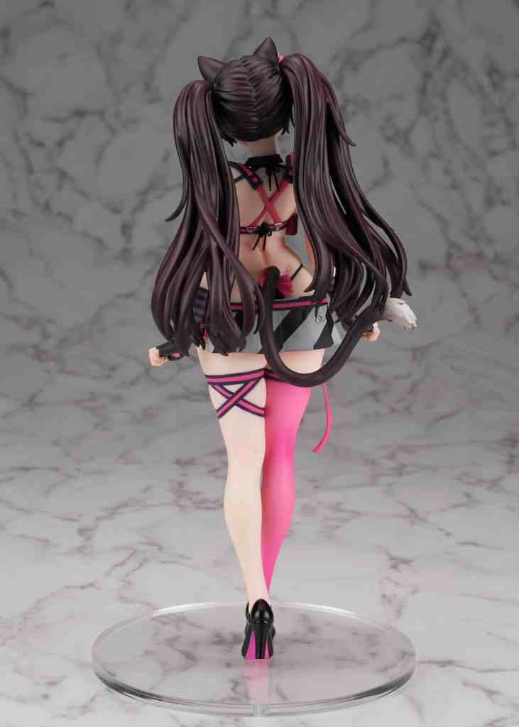 A detailed figure of a character with long dark hair and cat ears, wearing a revealing outfit with straps and high heels, posed from the back on a marble surface.