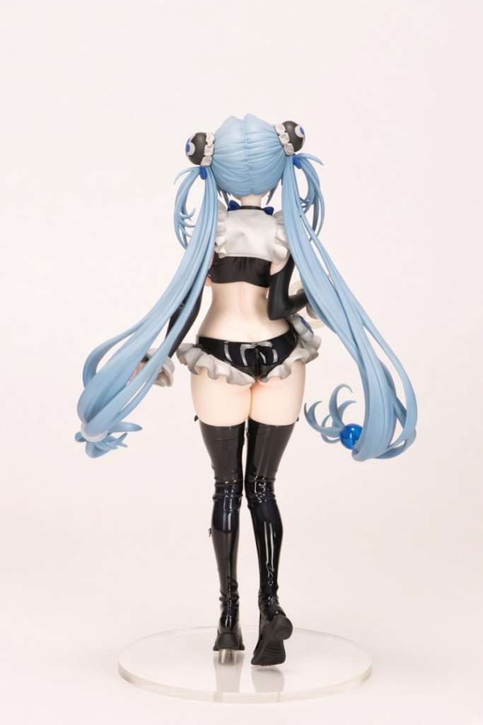 Back view of a figurine with long blue hair, wearing a black and white outfit with knee-high black boots.